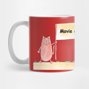 Movie artist, profession, work, job. Cat shows a banner with the inscription. Watercolor illustration. A gift for a professional. Mug